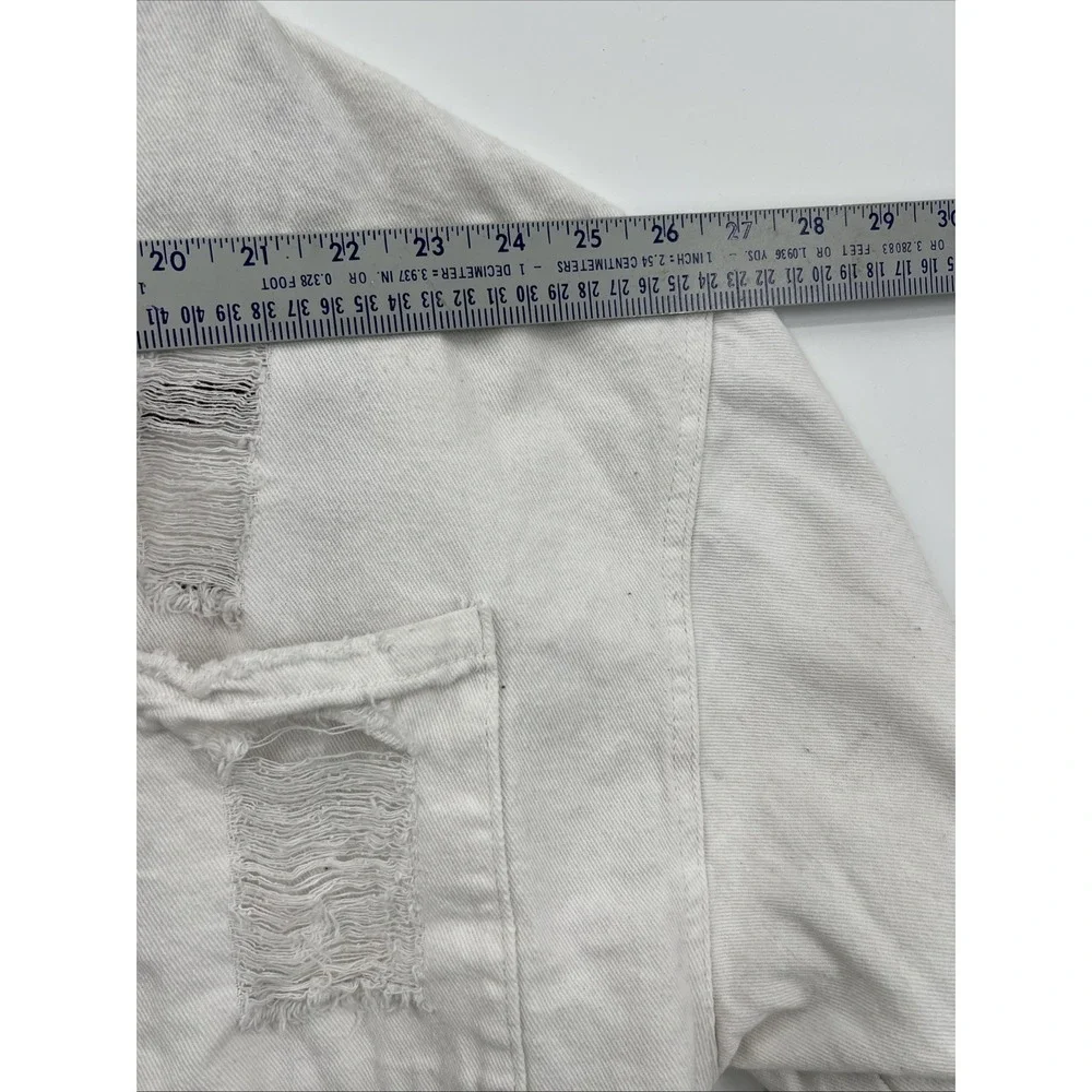 Women's Oversized Pol Thrashed White Denim‎ Jacket Sz L Grunge Punk Emo Fringe